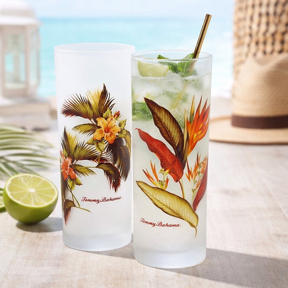 Tommy Bahama Frosted Floral Highball Glasses Set of 2 Tropical Botanical